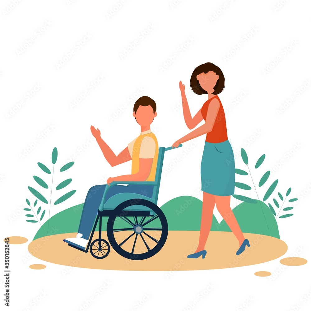 Disability man with friend or volunteer. Positive lifestyle with physical illness. Vector design in flat style in blue colours