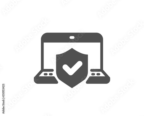 Laptop insurance hand icon. Risk coverage sign. Notebook protection symbol. Classic flat style. Quality design element. Simple laptop insurance icon. Vector
