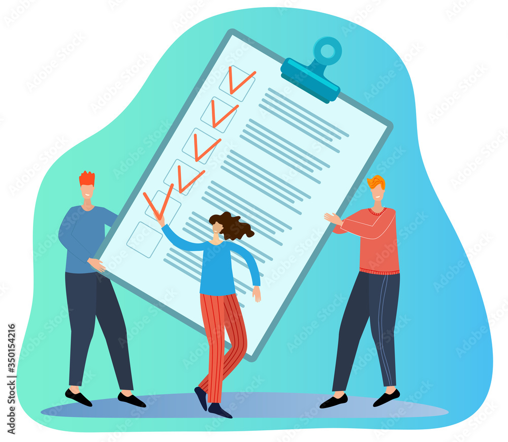 Gay people put a checkmark in the taskbar. The concept of performing tasks and solving issues.Flat vector illustration. Gay people put a checkmark in the taskbar. The concept of performing tasks and solving issues.Flat vector illustration.