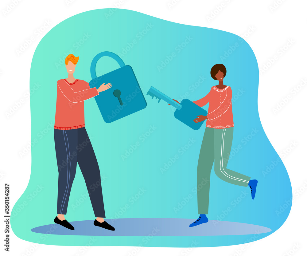 People are trying to open the padlock.The concept of getting access, password, and Confederacy.Flat vector illustration.