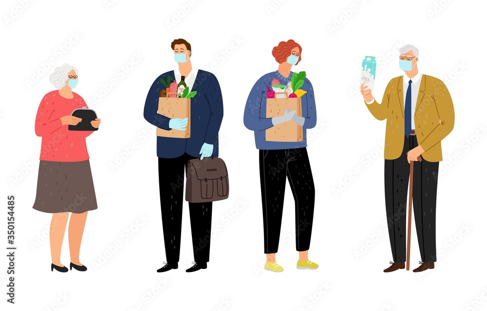 Elderly and volunteers. Young woman man with food for old people. Grandparents waiting social help, isolated flat diffirent generations characters vector illustration Elderly and volunteers. Young woman man with food for old people. Grandparents waiting social help, isolated flat diffirent generations characters vector illustration
