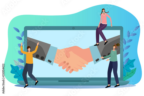 Sign contracts with each other using an Internet connection.Concept of online negotiations and contracts .Flat vector illustration.
