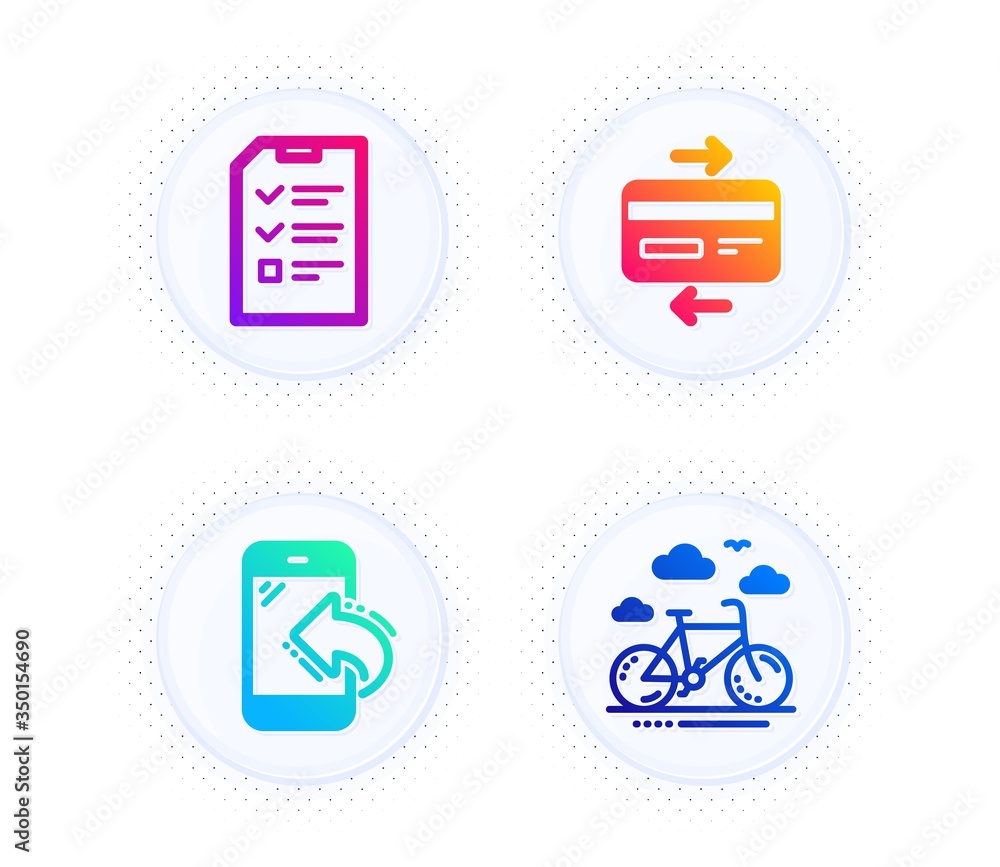 Credit card, Interview and Incoming call icons simple set. Button with halftone dots. Bike rental sign. Bank payment, Checklist file, Phone support. Bicycle. Business set. Vector