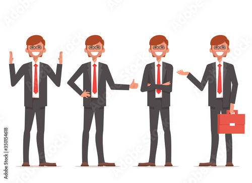 Smiling businessman stand in different positions. Character vector design. Vector illustration isolated on white background