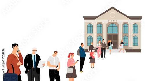 People queue at bank. Crowd waiting line, social distance. Men women couples need cash money, payouts or government subsidies. Finance crisis and banking problems vector illustration