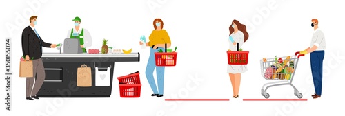 Social distancing in grocery store. Keep the distance in queue people. Woman man shopping in protective masks and gloves vector illustration