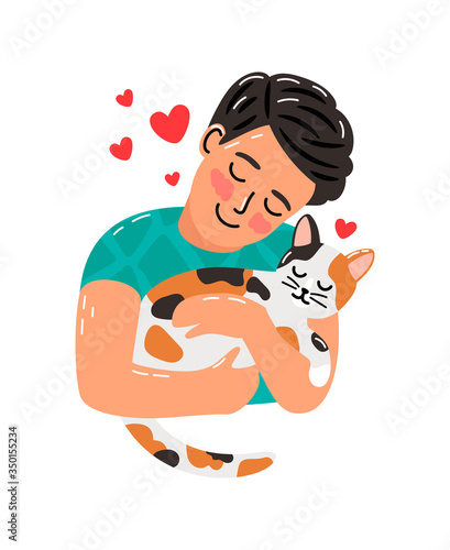 Pet owner man and cat. Boy hugging little kitten vector icon isolated on white background