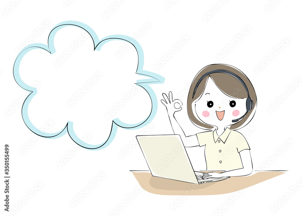 ノートパソコンでテレワークをする女性 吹き出し付き ノートパソコンでテレワークをする女性 吹き出し付き