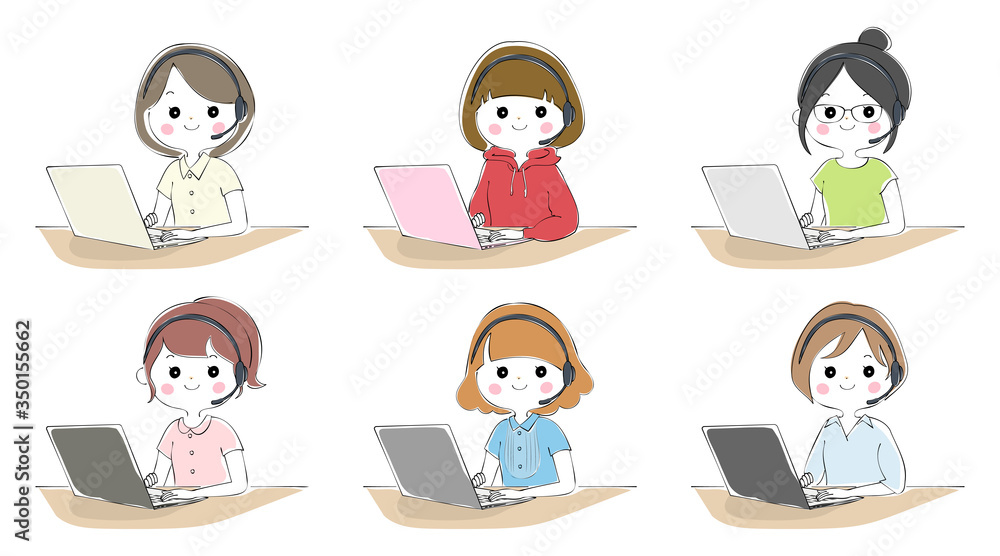 ノートパソコンでテレワークをする女性のセット ノートパソコンでテレワークをする女性のセット