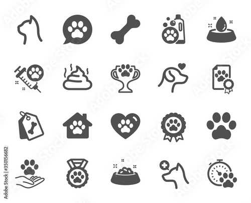 Pets icons. Veterinary, dog care and cat food. Lovely animals, shampoo for pets and doghouse icons. Vaccine, pet care and dog paw. Winner cup, certificate and medal. Animal feces. Vector