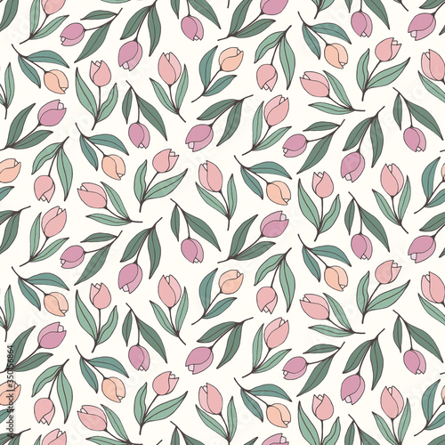 Seamless tossed pattern of abstract pink and purple tulips
