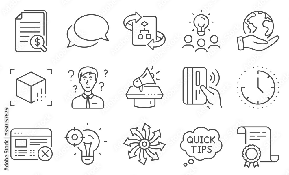 Set of Technology icons, such as Quick tips, Technical algorithm. Diploma, ideas, save planet. Augmented reality, Versatile, Megaphone. Financial documents, Seo idea, Time. Vector