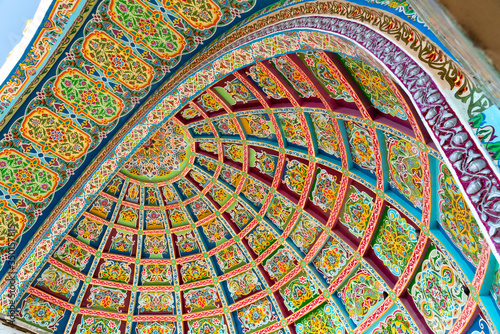 The main entrance to old soviet historical central bazaar Panjshanbe Bozor and beautiful decoration on the ceiling in Khujand in Tajikistan