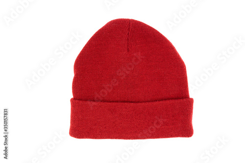 Women's knitted, red, isolated hat on a white background.