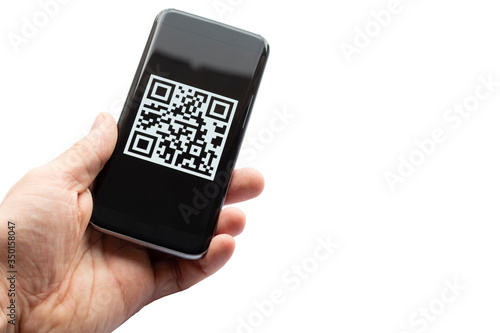 Isolated phone in hand with QR code on white background. The concept of modern electronic, wireless document management.