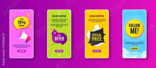 Hot offer badge. Phone screen banner. Discount banner shape. Coupon tag icon. Sale banner on smartphone screen. Mobile phone web template. Hot offer promotion. Interface with torn paper hole. Vector