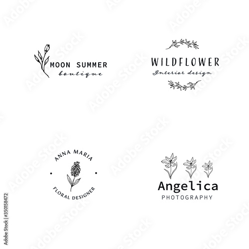 Collection of Hand Drawn Logo with Wildflowers, Leaves, Flowers, Bouquet. Moon icon. Logo for spa and beauty salon, boutique, organic shop, wedding, floral designer, interior, photography, cosmetic.