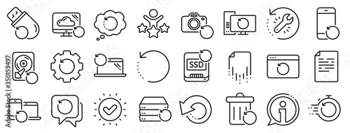 Backup, Restore data and recover document. Recovery line icons. Laptop renew, repair and phone recovery icons. Drive fix, restore information and return data. Backup document. Vector