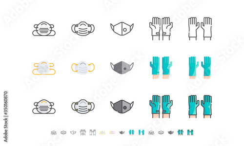 Surgical Mask And Medical Gloves. Covid-19, Coronavirus Disease 2019 Prevention. Line Outline, Flat, Filled Icons Set. Editable Stroke. Vector illustration EPS 10.