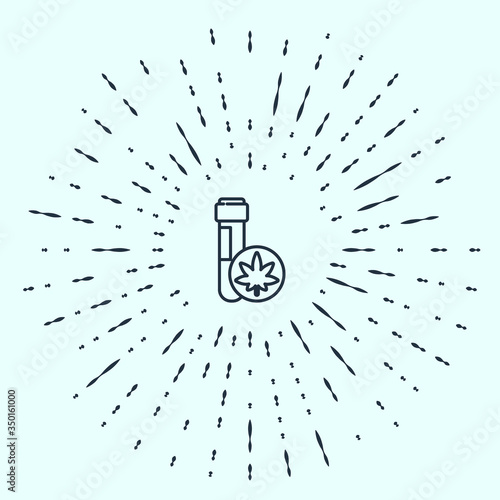 Black line Chemical test tube with marijuana or cannabis leaf icon isolated on grey background. Research concept. Laboratory CBD oil. Abstract circle random dots. Vector Illustration