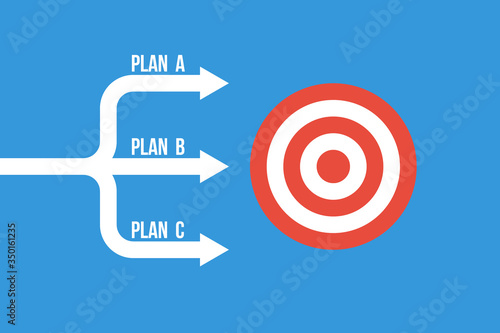 many arrows moving to one goal, different plans vector concept photo