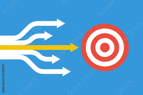 many arrows moving to one goal, teamwork or leadership vector concept