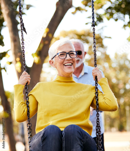 senior couple happy swing park love active healthy lifestyle happy fun leisure