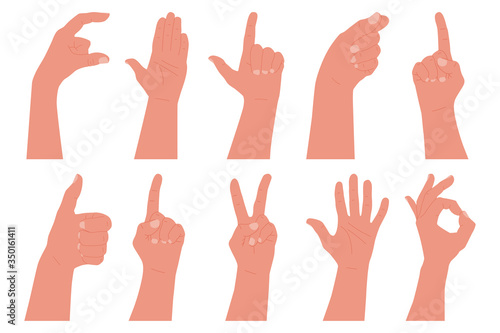 Human hand with gestures vector cartoon set isolated on a white background.