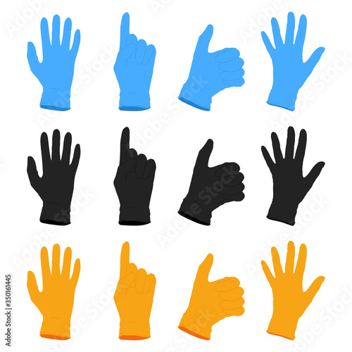 Medical rubber gloves in different colors vector cartoon set isolated on a white background.