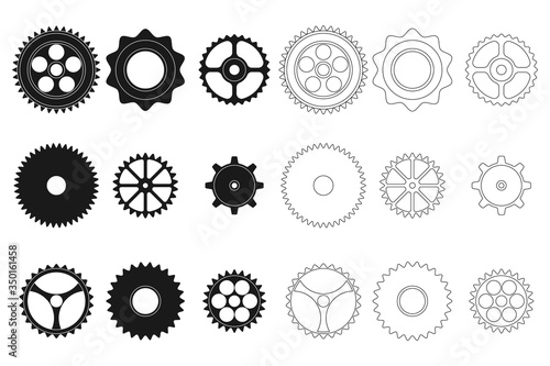 Gear cogwheel vector silhouettes icons set isolated on a white background.