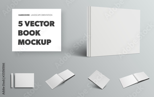 Mockup of blank vector book in white hardcover and landscape orientation, front and back view, isolated on gray background.