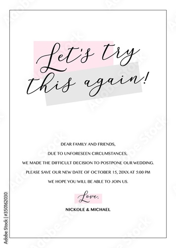 Wedding Postponement Change the Date Announcement Vector card