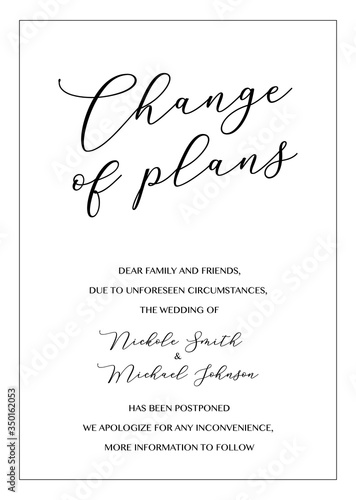 Wedding Postponement Change the Date Announcement Vector card