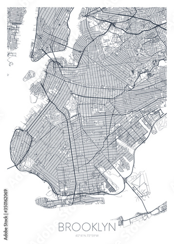 Detailed borough map of Brooklyn New York city, vector poster or postcard for city road and park plan