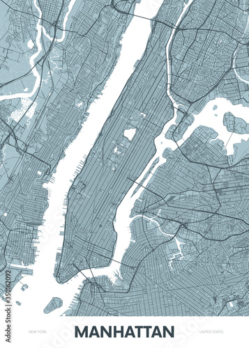 Detailed borough map of Manhattan New York city, color vector city street plan, printable travel poster or postcard