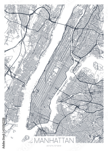 Detailed borough map of Manhattan New York city, vector poster or postcard for city road and park plan