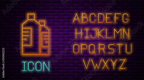 Glowing neon line Plastic bottles for laundry detergent, bleach, dishwashing liquid or another cleaning agent icon isolated on brick wall background. Neon light alphabet. Vector Illustration