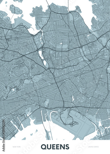 Fototapet Detailed borough map of Queens New York city, color vector city street plan, pri
