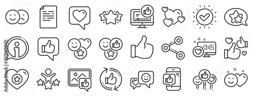 Set - Share network, Social links and Rating linear icons. Social media line icons. Heart, Feedback smile emotion and internet media. Share network, like icon, video content rating and dislike. Vector