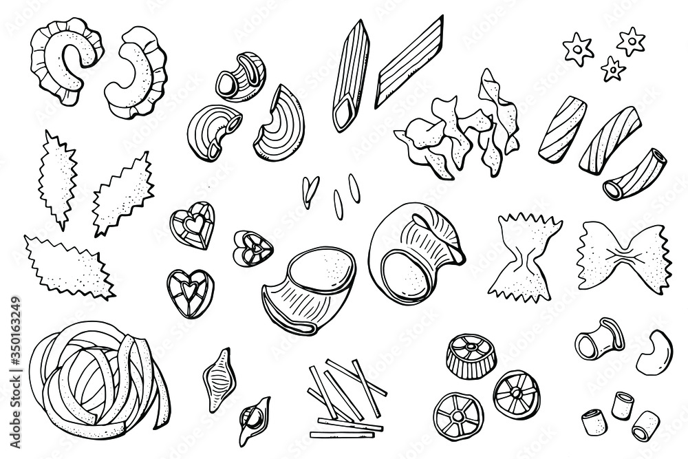 Black and white pasta set. Collection of linear symbols. Stock illustration. White background, isolate.