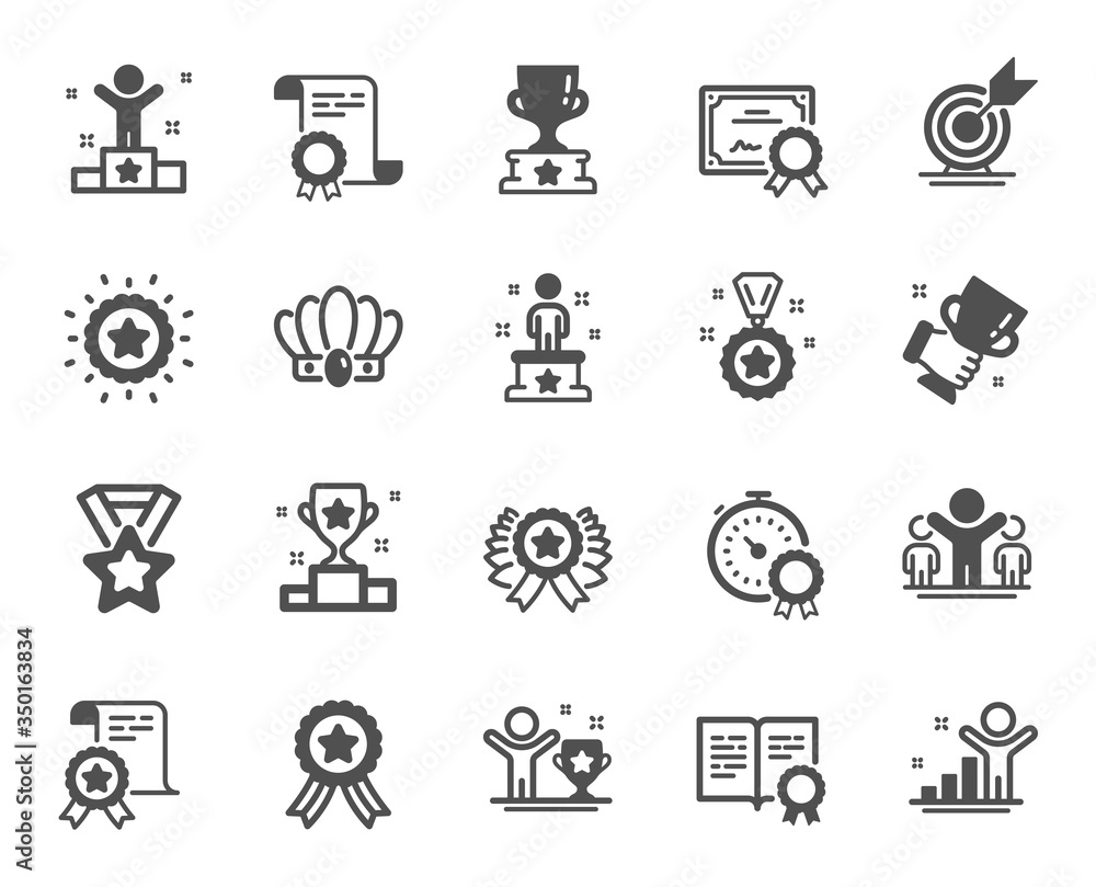 Success icons. Winner cup, goal target, certificate. Reward, medal with ribbon, crown icons. Award, winner podium, first place success. Statue, diploma with certificate, challenge. Vector Success icons. Winner cup, goal target, certificate. Reward, medal with ribbon, crown icons. Award, winner podium, first place success. Statue, diploma with certificate, challenge. Vector