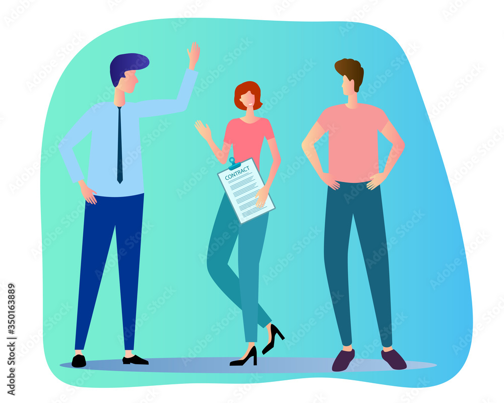 Business partners discuss the terms of the contract among themselves.Concept of professional employees and colleagues.Flat vector illustration. Business partners discuss the terms of the contract among themselves.Concept of professional employees and colleagues.Flat vector illustration.