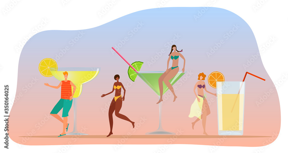 Cheerful young people on the background of large glasses with cocktails.Mojito, Martini, Margarita in the background.Flat vector illustration.