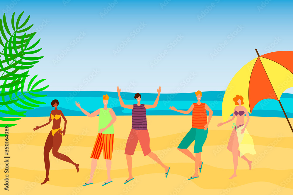 Cheerful young people stand on the beach and enjoy the summer.Concept of sea, beach, vacation and summer.Flat vector illustration.