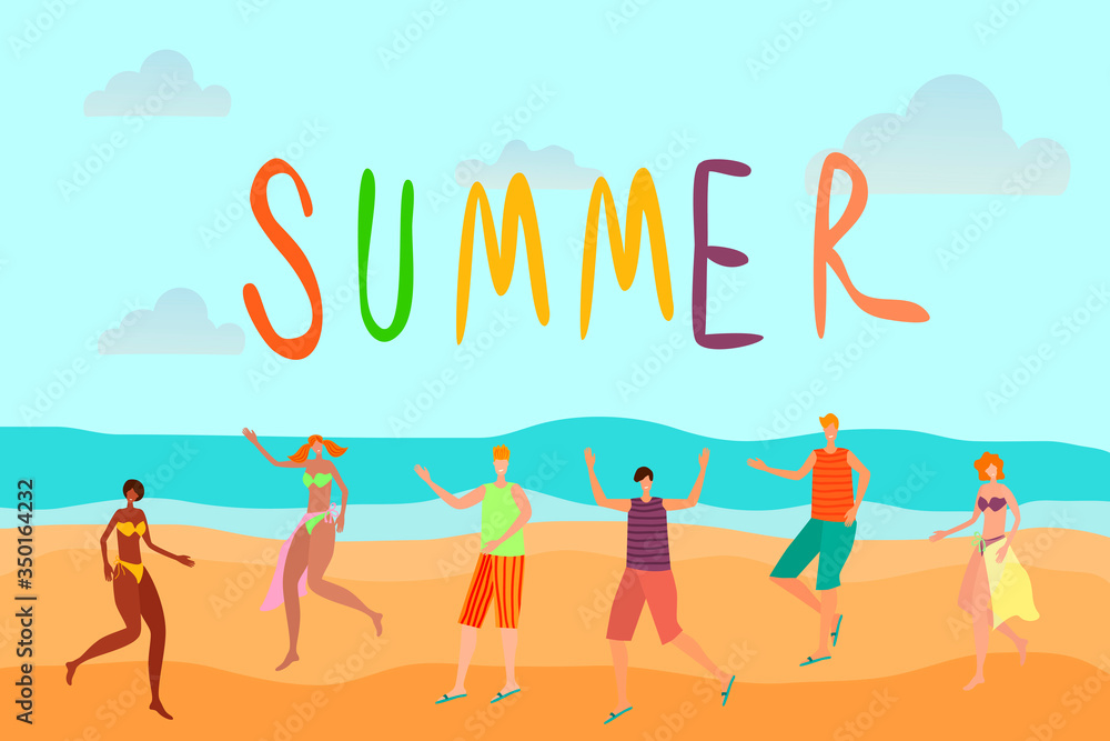 Summer beach where happy young people are happy . You can use it as a poster or banner.Flat vector illustration. 