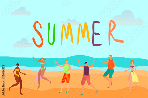 Summer beach where happy young people are happy . You can use it as a poster or banner.Flat vector illustration. 