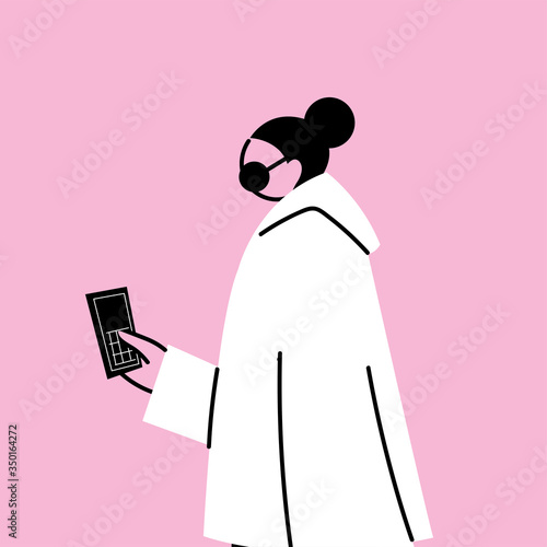 woman with medical mask and smartphone