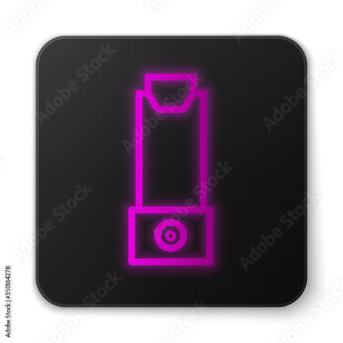 Glowing neon line Inhaler icon isolated on white background. Breather for cough relief, inhalation, allergic patient. Black square button. Vector Illustration