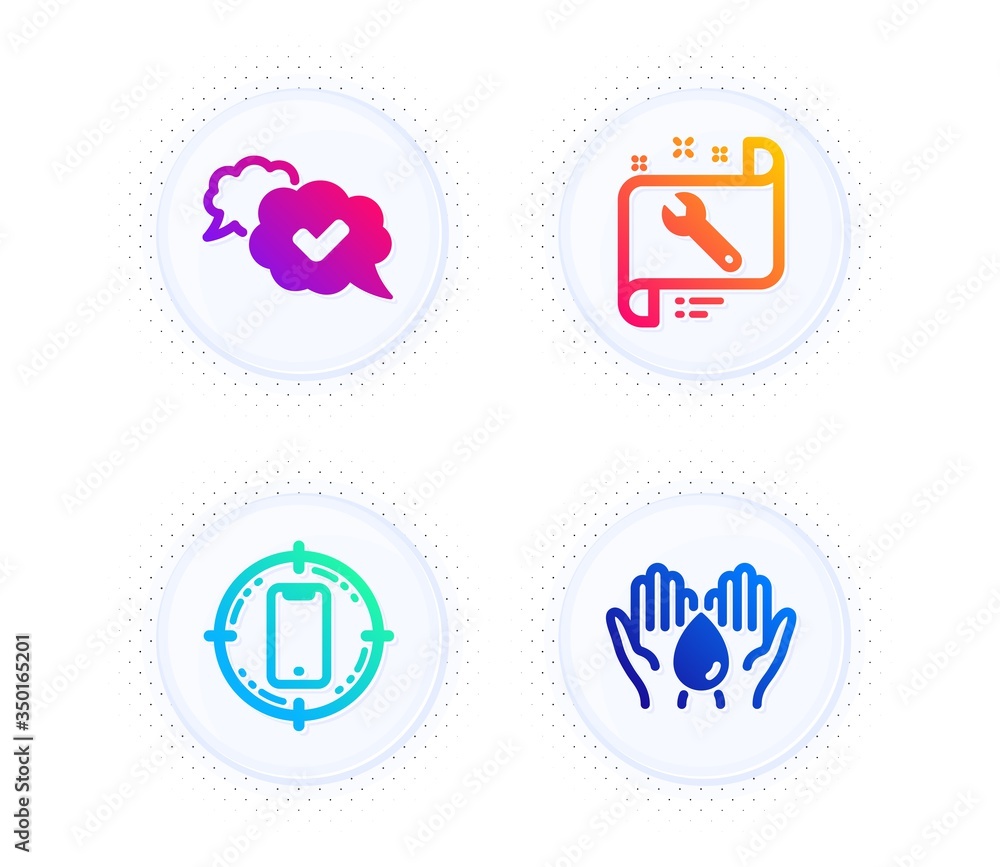Spanner, Smartphone target and Approved icons simple set. Button with halftone dots. Safe water sign. Repair service, Phone, Comic message. Hold drop. Technology set. Vector Spanner, Smartphone target and Approved icons simple set. Button with halftone dots. Safe water sign. Repair service, Phone, Comic message. Hold drop. Technology set. Vector