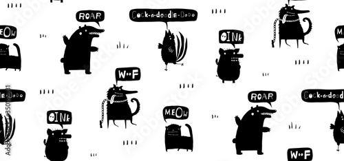 Funny Scandinavian animals textile pattern print design. Bear, rooster, dog, pig or boar, and a cat talking with speech bubbles. Monochrome black and white hand drawn doodle design.